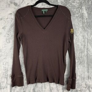 Ralph Lauren Sweater Womens XL Brown Crown Crest Ribbed Button Cuffs Old Money
